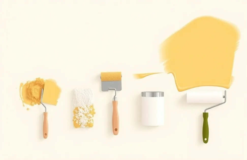 Outils de peinture disposés dans l'ordre des étapes du chantier