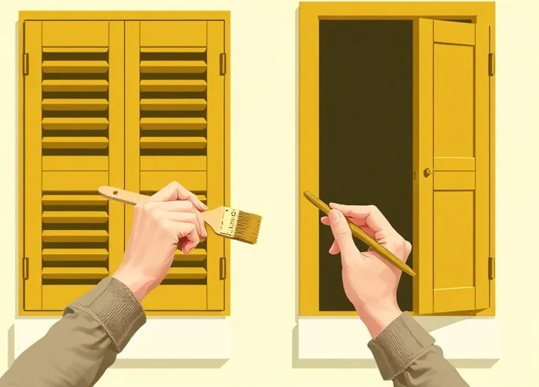 Mise en peinture au pinceau de volets et d'encadrements en bois