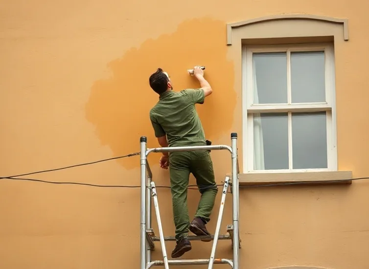 Peintre sur échafaudage traitant la façade d'une maison
