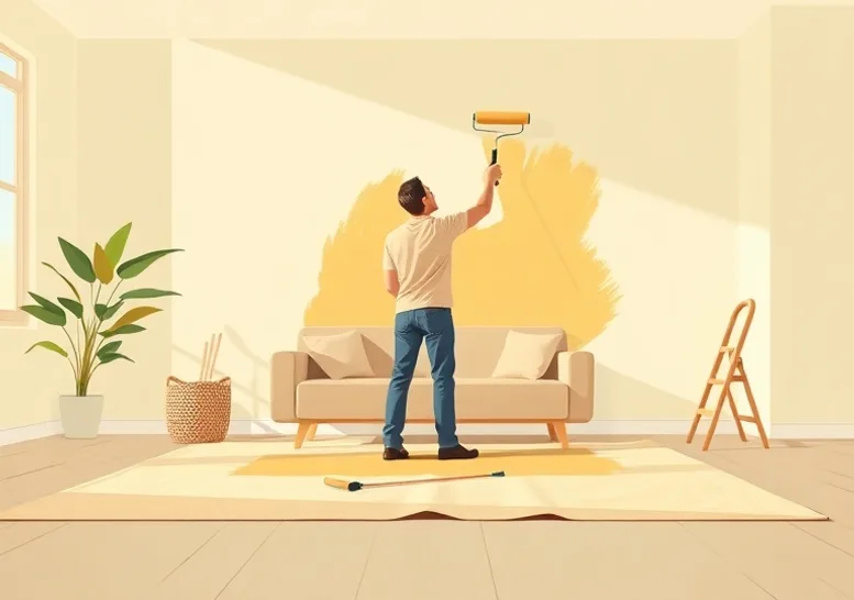 Peintre appliquant la peinture au rouleau sur un mur de salon